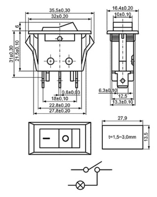 Выключатель-клавишный-KCD3-B2B-101N11BRB-15А-250В